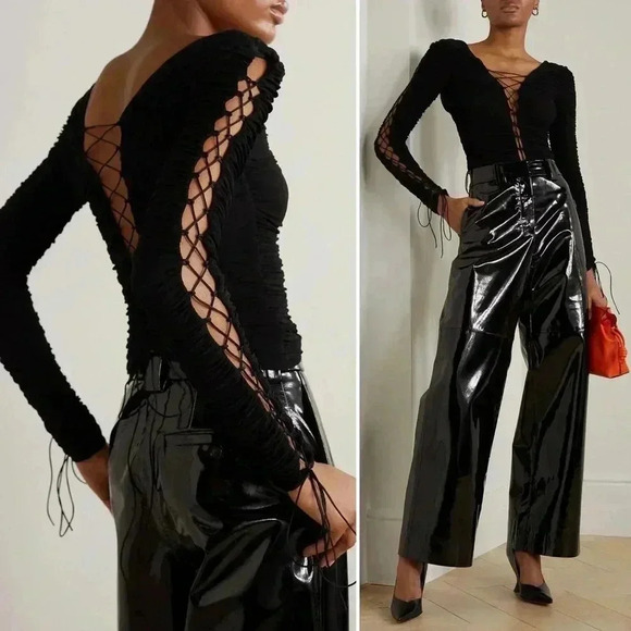 Interior Tops - NWOT - INTERIOR NYC Kit Ruched Lace-Up Top Black Size Small